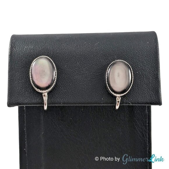 Vintage 12K White Gold Filled Oval Black MOP Abalone Shell Cabochon Screw Back E - Picture 1 of 9